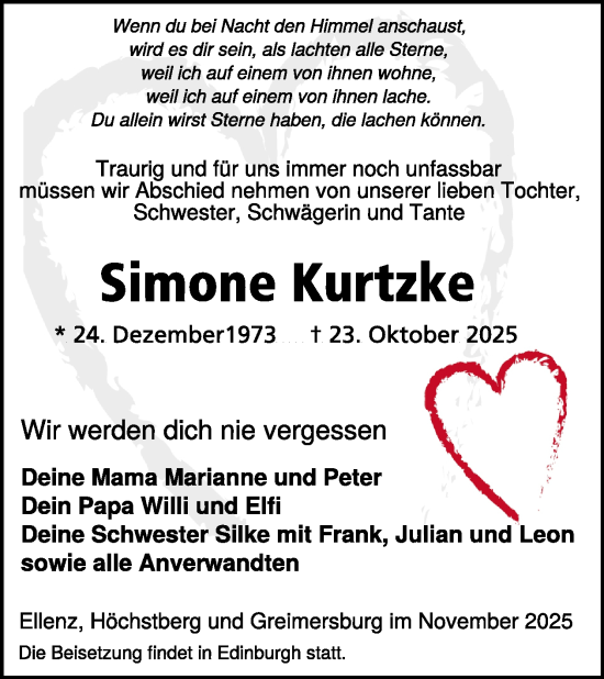 Traueranzeige von Simone Kurtzke von WochenSpiegel