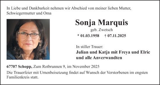Traueranzeige von Sonja Marquis von WochenSpiegel