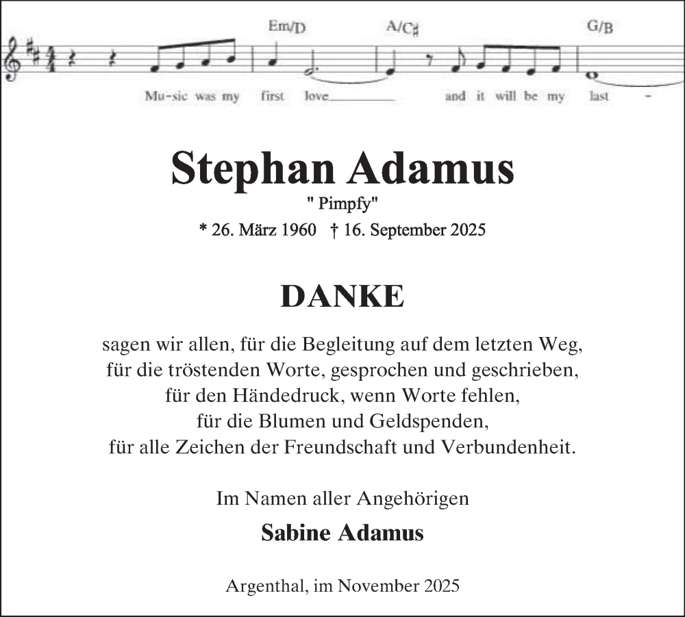  Traueranzeige für Stephan Adamus vom 15.11.2025 aus WochenSpiegel