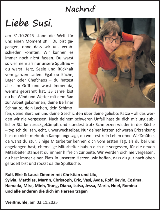 Traueranzeige von Susi  von WochenSpiegel