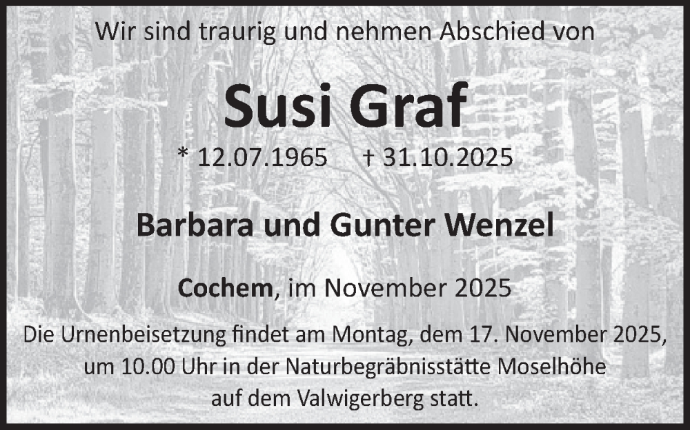  Traueranzeige für Susi Graf vom 12.11.2025 aus WochenSpiegel