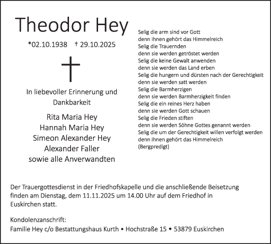 Traueranzeige von Theodor Hey von WochenSpiegel