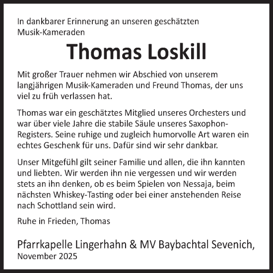 Traueranzeige von Thomas Loskill von WochenSpiegel
