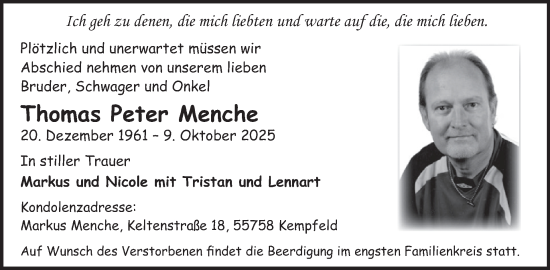 Traueranzeige von Thomas Peter Menche von WochenSpiegel