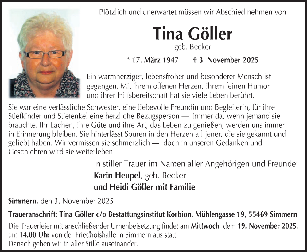  Traueranzeige für Tina Göller vom 15.11.2025 aus WochenSpiegel