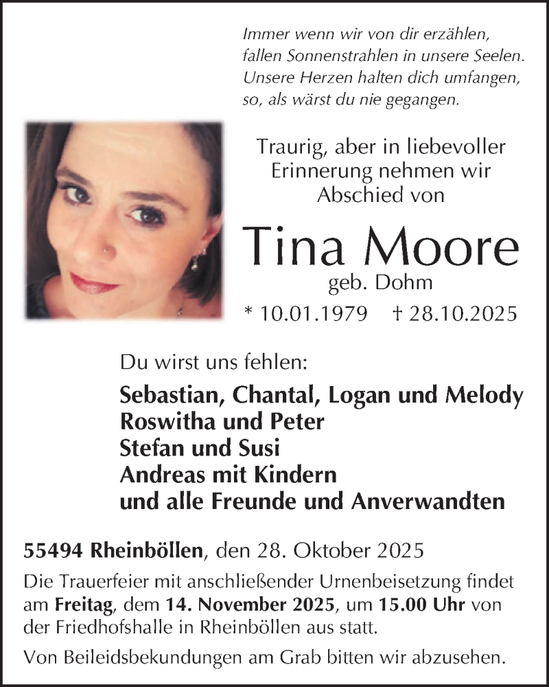  Traueranzeige für Tina Moore vom 08.11.2025 aus WochenSpiegel