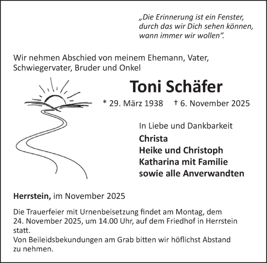 Traueranzeige von Toni Schäfer von WochenSpiegel