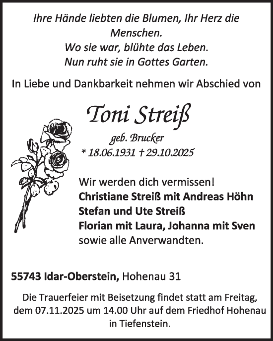 Traueranzeige von Toni Streif von WochenSpiegel