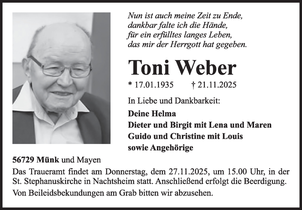  Traueranzeige für Toni Weber vom 26.11.2025 aus WochenSpiegel