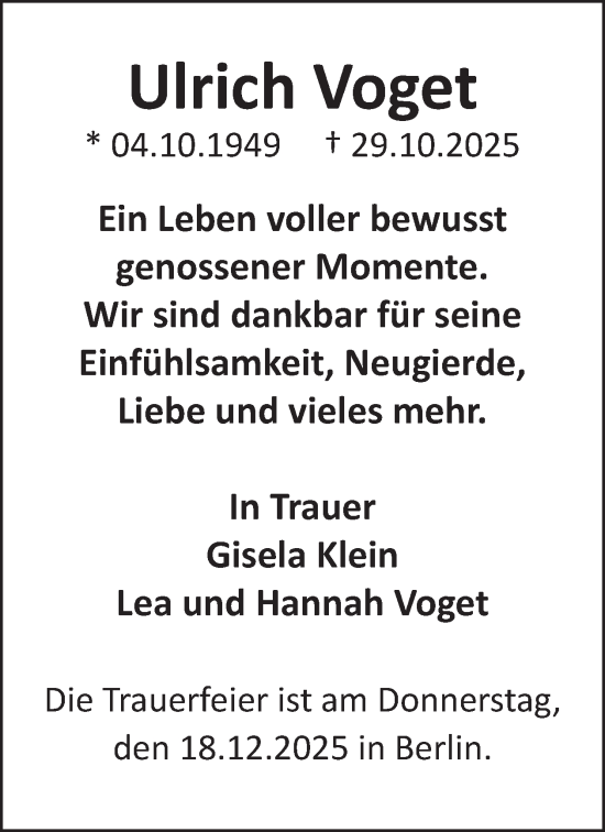 Traueranzeige von Ulrich Voget von WochenSpiegel