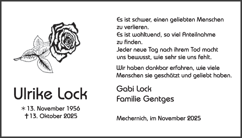  Traueranzeige für Ulrike Lock vom 26.11.2025 aus WochenSpiegel