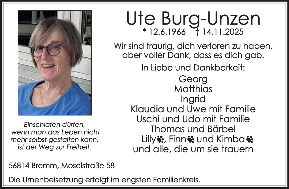  Traueranzeige für Ute Burg-Unzen vom 19.11.2025 aus WochenSpiegel