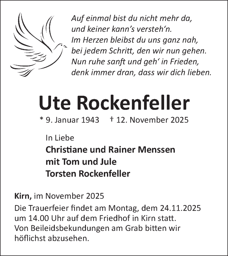  Traueranzeige für Ute Rockenfeller vom 22.11.2025 aus WochenSpiegel