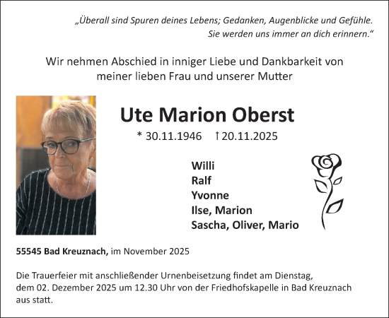 Traueranzeige von Ute Marion Oberst von WochenSpiegel