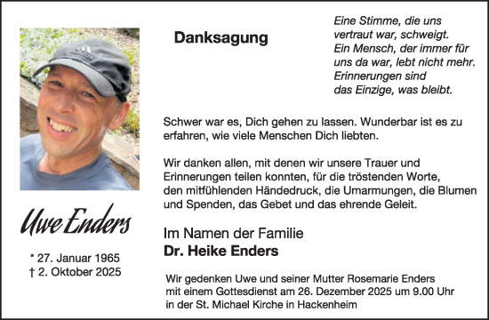 Traueranzeige von Uwe Enders von WochenSpiegel