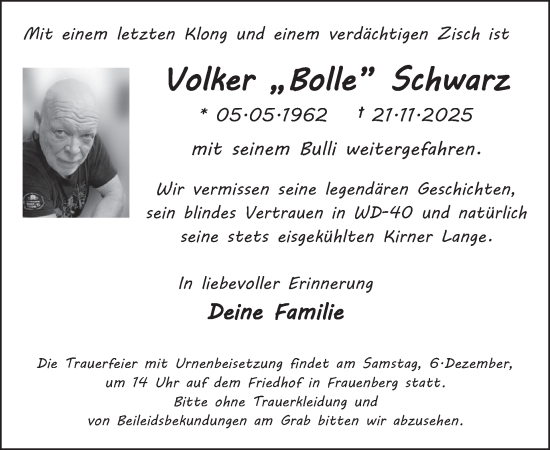 Traueranzeige von Volker Schwarz von WochenSpiegel