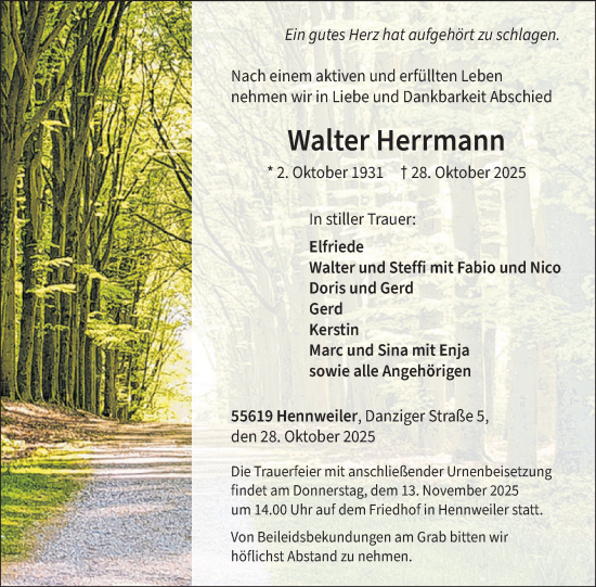 Traueranzeige von Walter Herrmann von WochenSpiegel