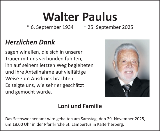 Traueranzeige von Walter Paulus von WochenSpiegel