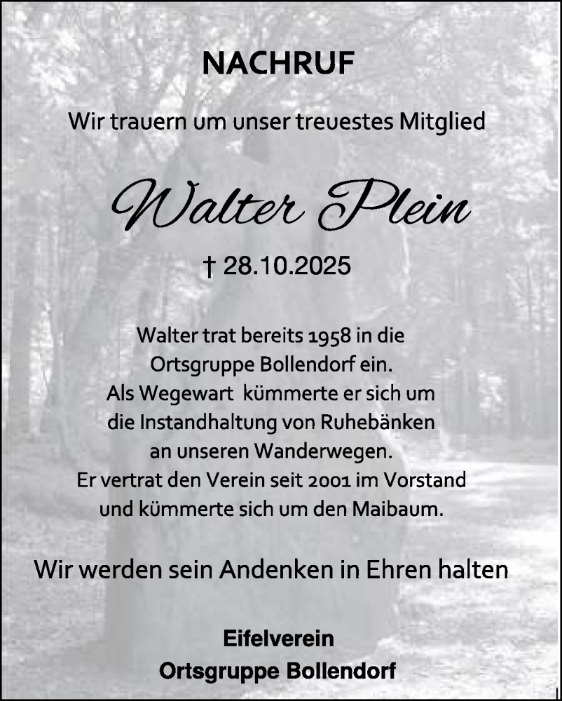  Traueranzeige für Walter Plein vom 07.11.2025 aus WochenSpiegel