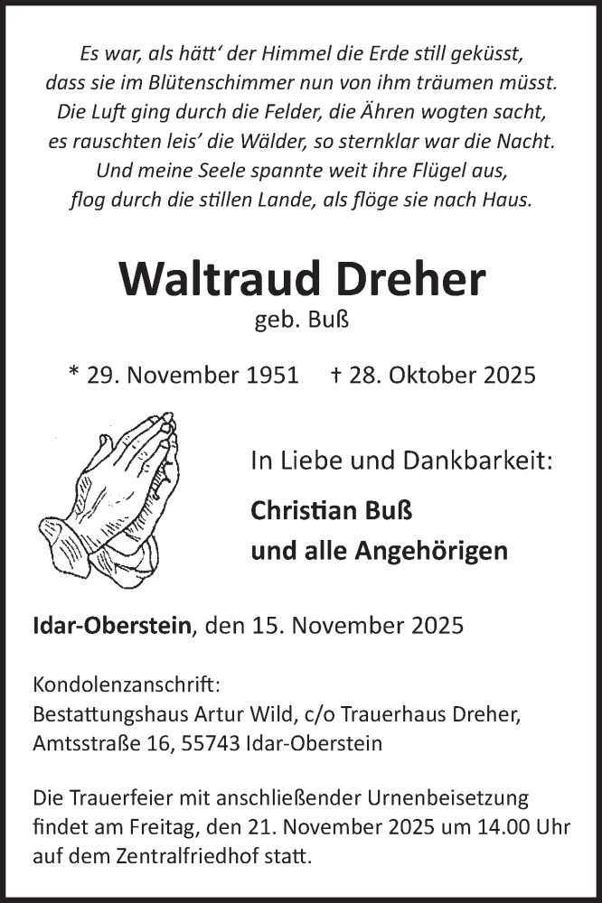 Traueranzeige für Waltraud Dreher vom 15.11.2025 aus WochenSpiegel