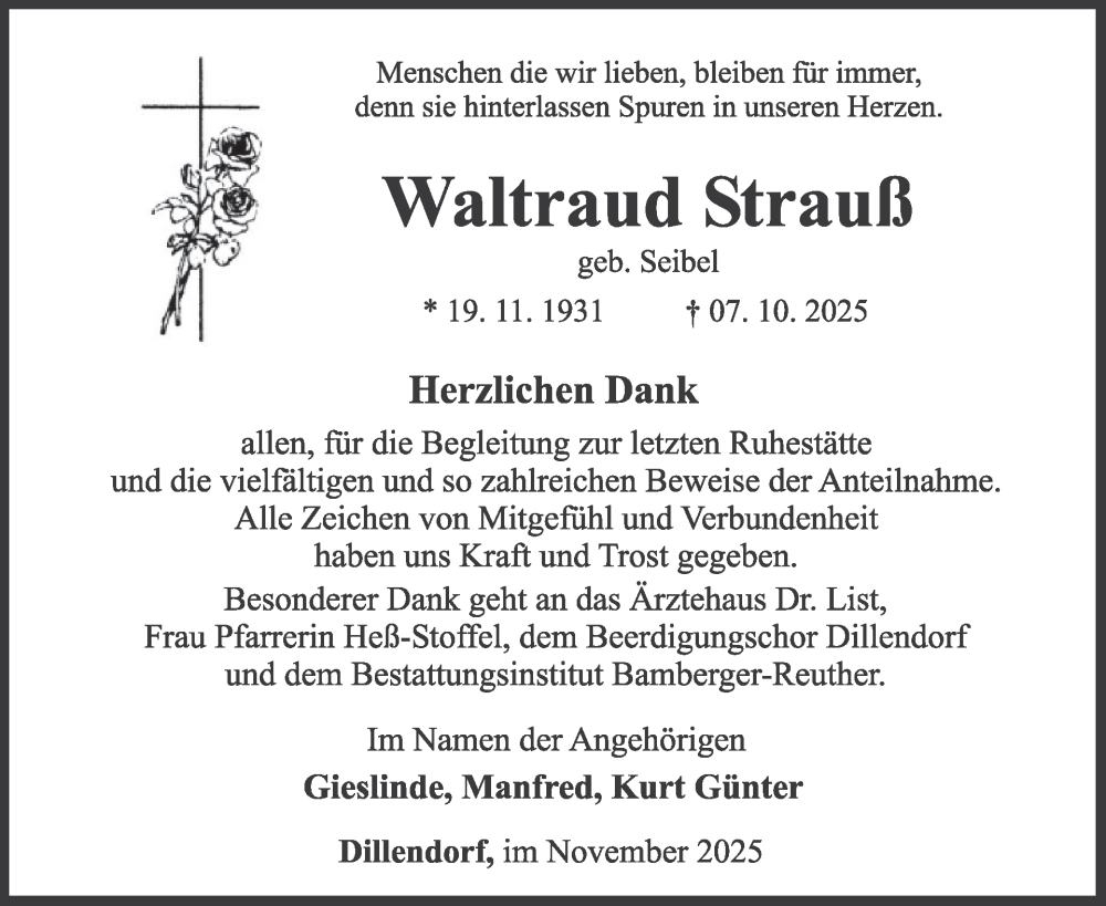  Traueranzeige für Waltraud Strauß vom 15.11.2025 aus WochenSpiegel