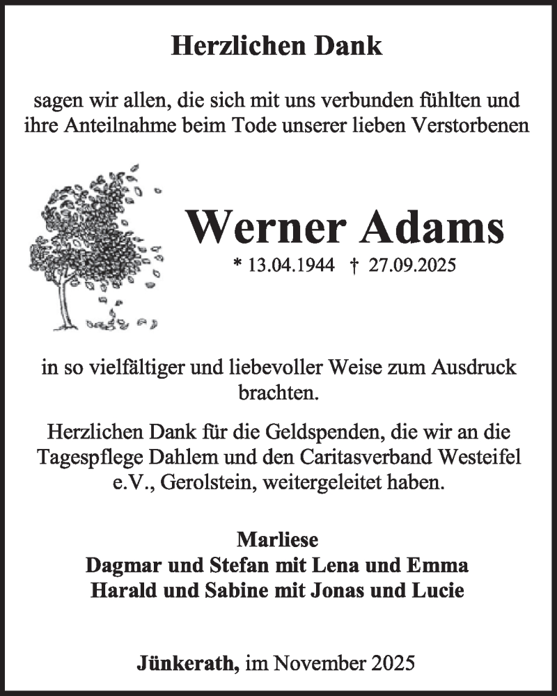  Traueranzeige für Werner Adams vom 08.11.2025 aus WochenSpiegel