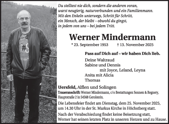 Traueranzeige von Werner Mindermann von WochenSpiegel