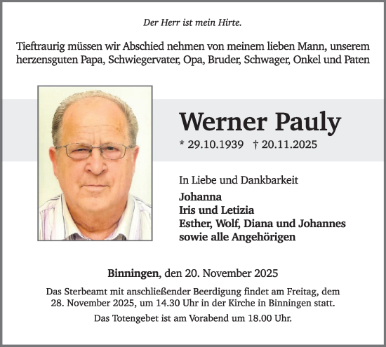 Traueranzeige von Werner Pauly von WochenSpiegel