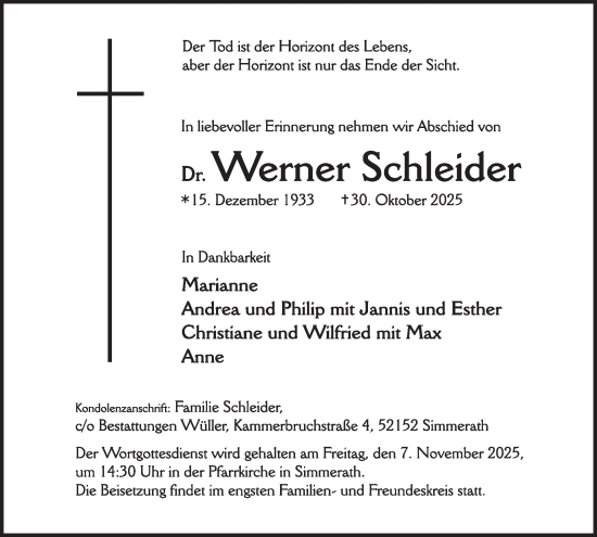 Traueranzeige von Werner Schleider von WochenSpiegel