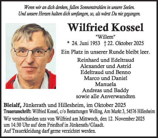Traueranzeige von Wilfried Kossel von WochenSpiegel