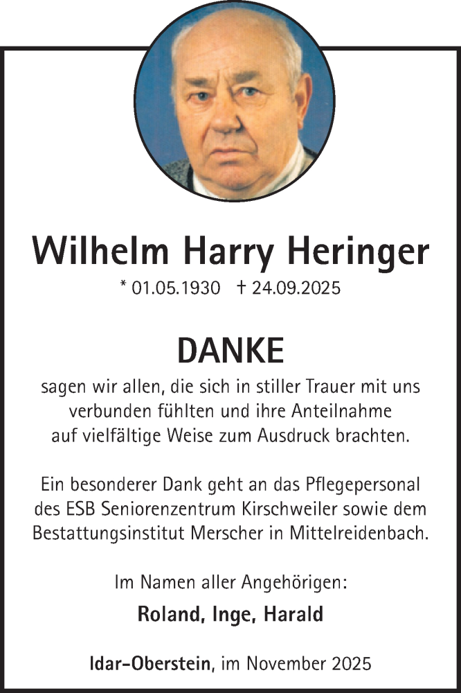  Traueranzeige für Wilhelm Harry Heringer vom 08.11.2025 aus WochenSpiegel