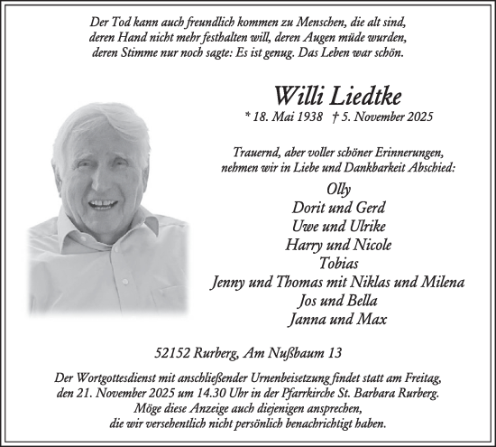 Traueranzeige von Willi Liedtke von WochenSpiegel