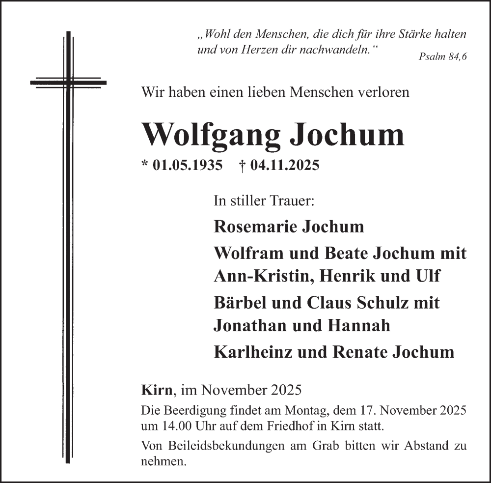  Traueranzeige für Wolfgang Jochum vom 15.11.2025 aus WochenSpiegel