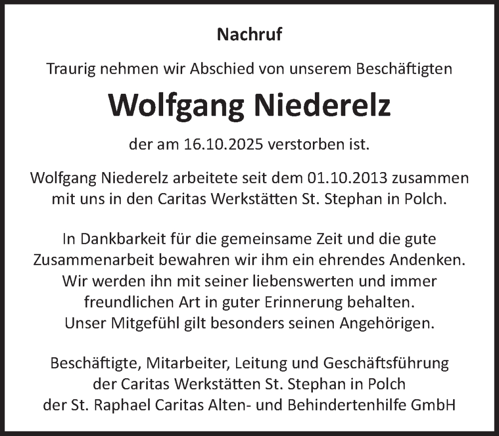  Traueranzeige für Wolfgang Niederelz vom 05.11.2025 aus WochenSpiegel
