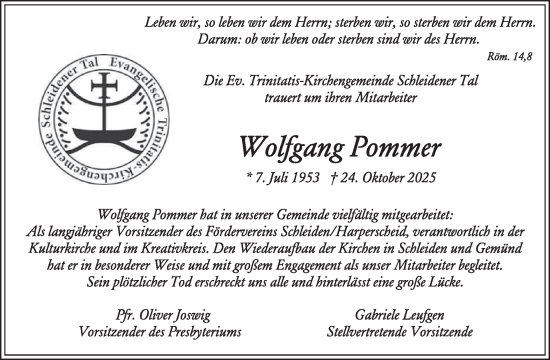 Traueranzeige von Wolfgang Pommer von WochenSpiegel