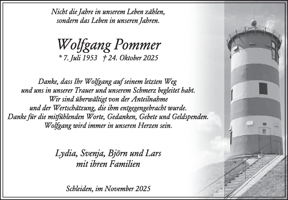  Traueranzeige für Wolfgang Pommer vom 26.11.2025 aus WochenSpiegel