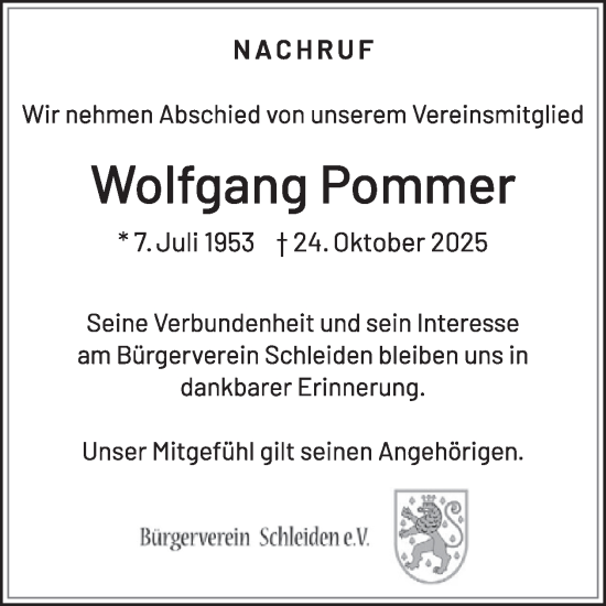 Traueranzeige von Wolfgang Pommer von WochenSpiegel