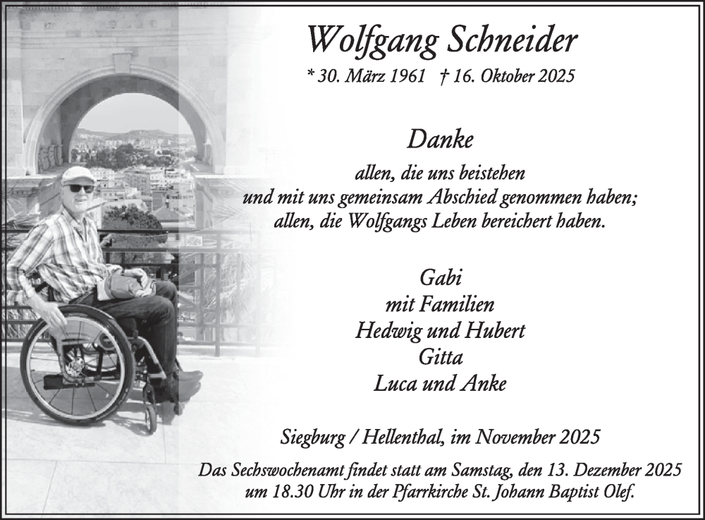  Traueranzeige für Wolfgang Schneider vom 26.11.2025 aus WochenSpiegel