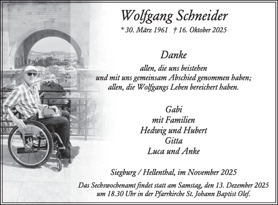 Traueranzeige von Wolfgang Schneider von WochenSpiegel