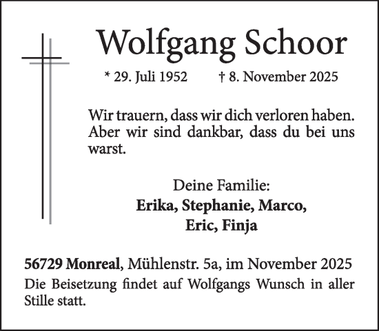 Traueranzeige von Wolfgang Schoor von WochenSpiegel