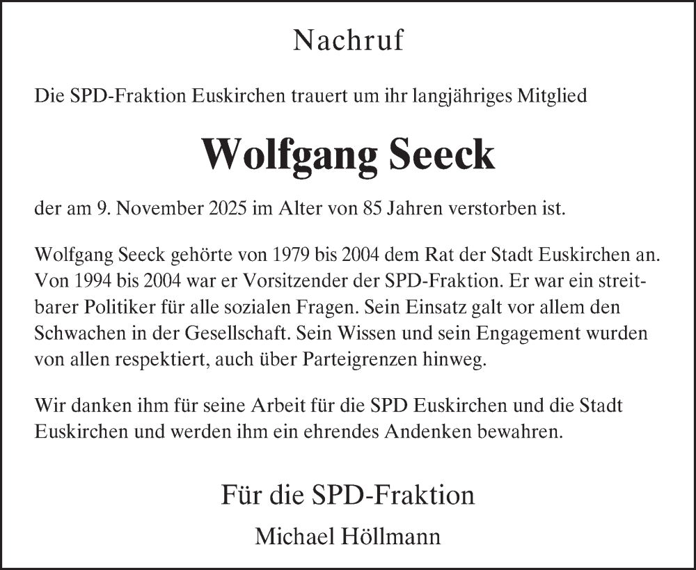  Traueranzeige für Wolfgang Seeck vom 19.11.2025 aus WochenSpiegel