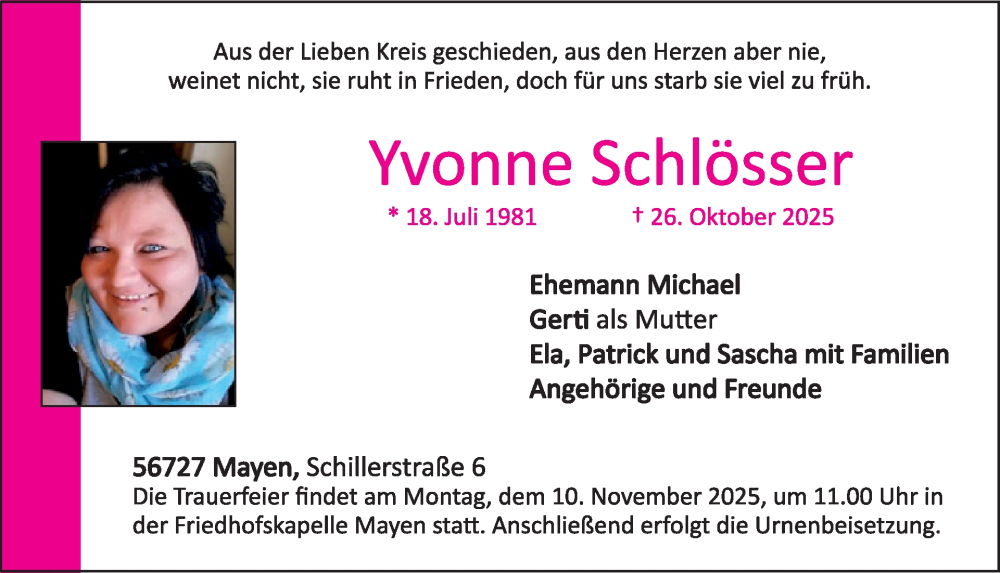  Traueranzeige für Yvonne Schlösser vom 05.11.2025 aus WochenSpiegel