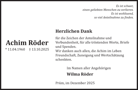 Traueranzeige von Achim Röder von WochenSpiegel