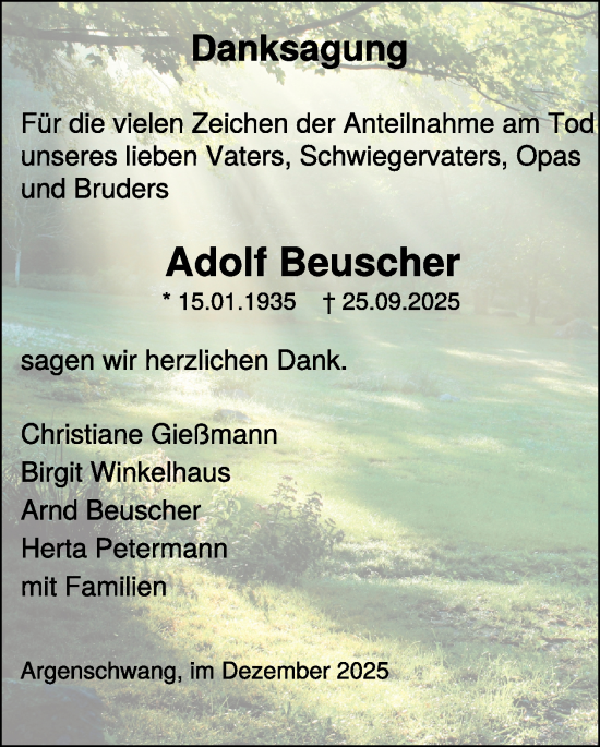 Traueranzeige von Adolf Beuscher von WochenSpiegel