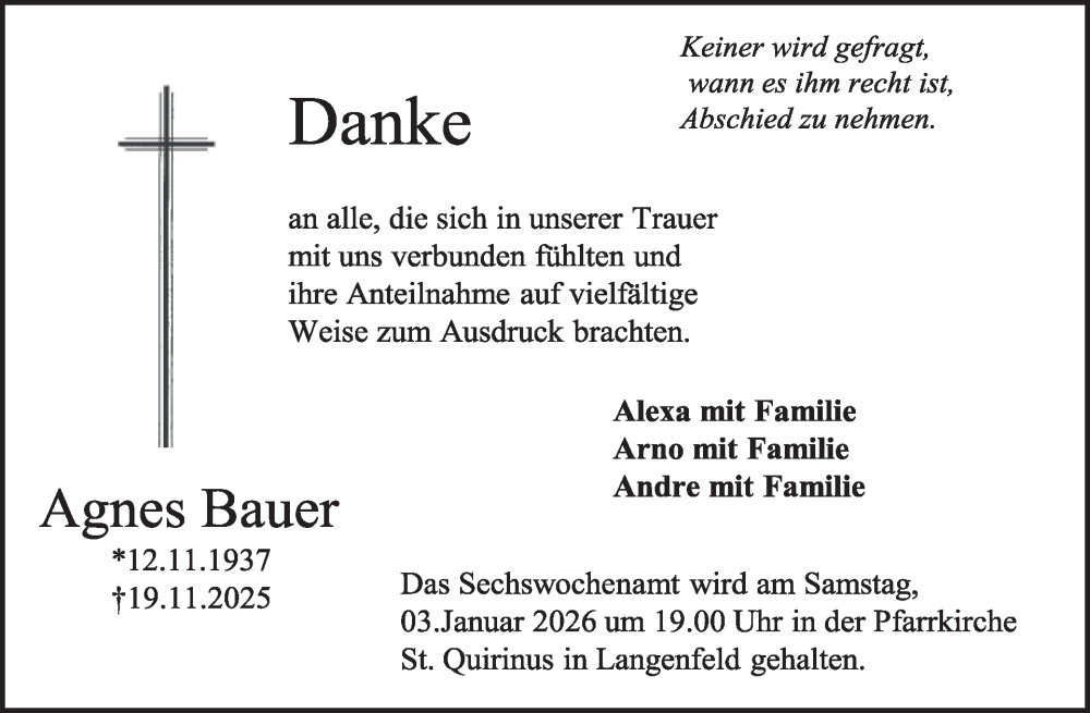  Traueranzeige für Agnes Bauer vom 31.12.2025 aus WochenSpiegel