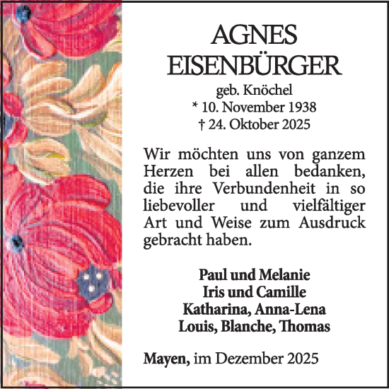 Traueranzeige von Agnes Eisenbürger von WochenSpiegel