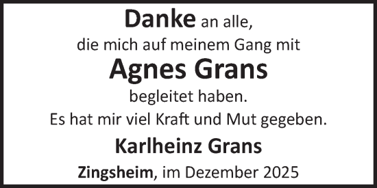 Traueranzeige von Agnes Grans von WochenSpiegel