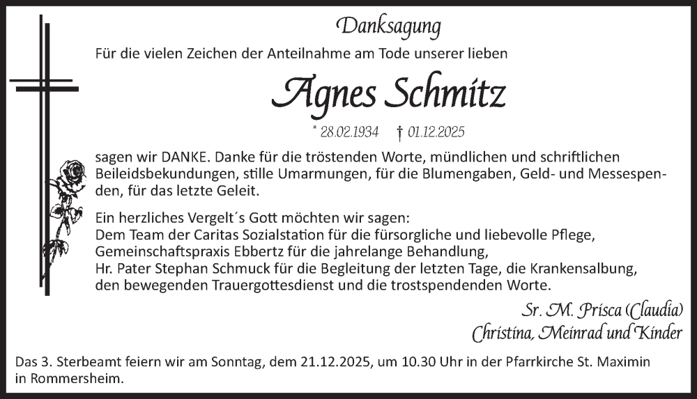  Traueranzeige für Agnes Schmitz vom 19.12.2025 aus WochenSpiegel