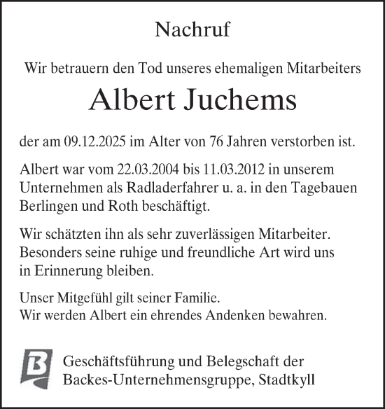 Traueranzeige von Albert Juchems von WochenSpiegel