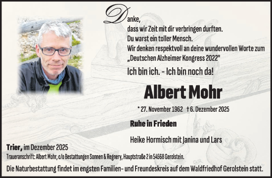 Traueranzeige von Albert Mohr von WochenSpiegel